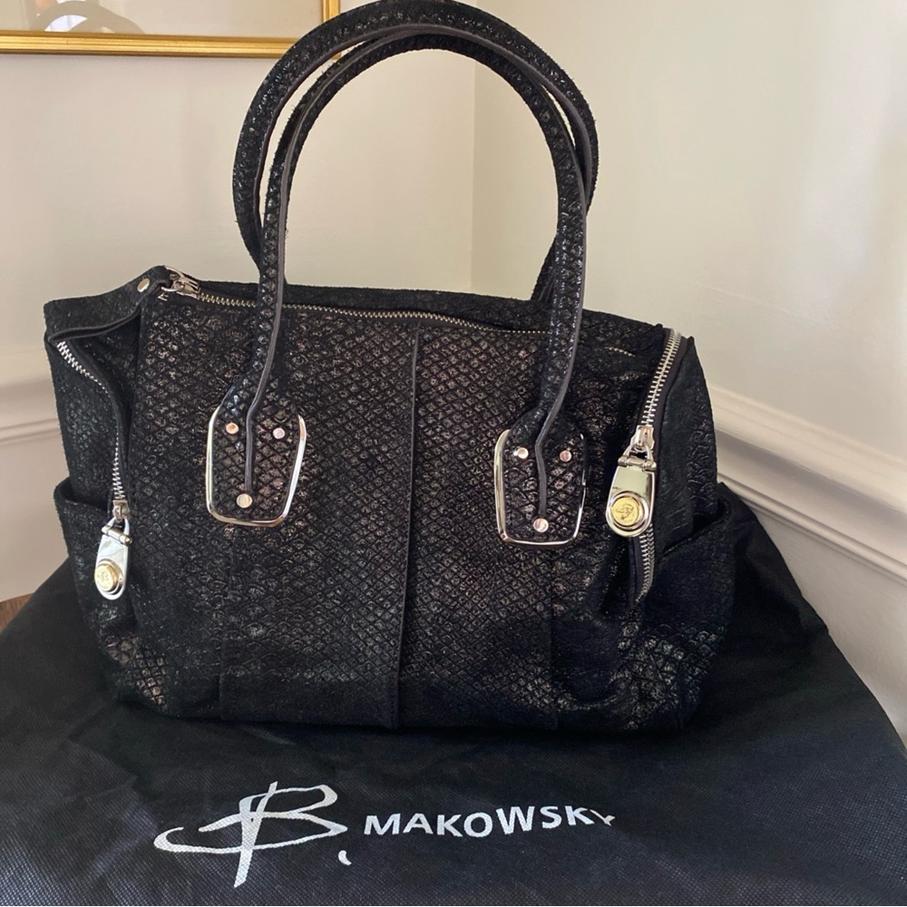 B. Makowsky Black Satchel with Silver Hardware